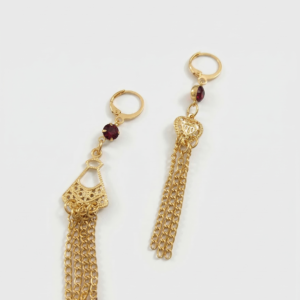 gold tassel chain drop earrings with ruby crystal