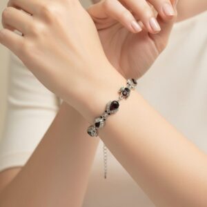 silver crystal bow & ruby heart bracelet