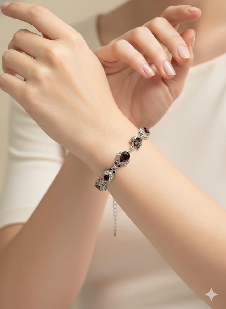 silver crystal bow & ruby heart bracelet silver crystal bow & ruby heart bracelet